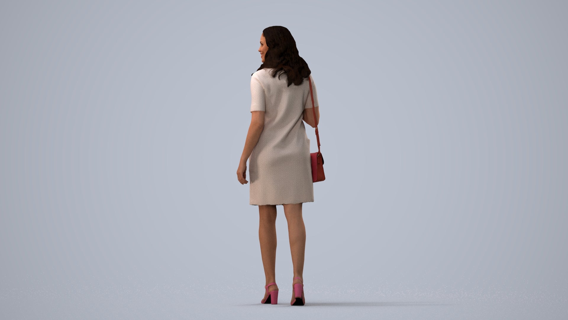 realistic 3D human woman casual walking, archviz people FBX OBJ for Blender, three-quarter view render