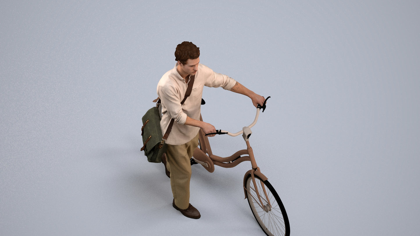 scanned 3D man casual cycling, photogrammetry people for Enscape and V-Ray, back view render
