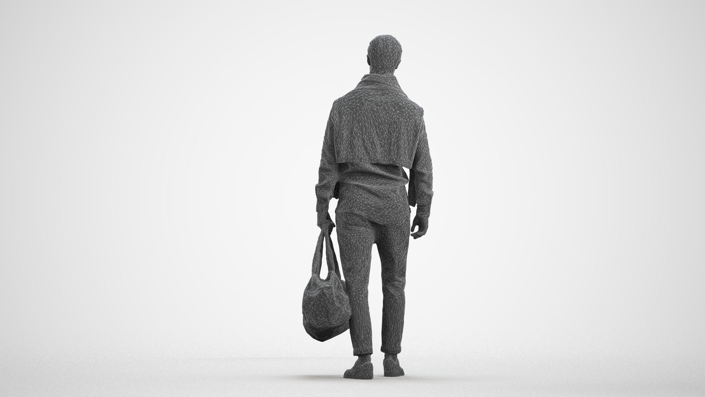 realistic 3D man casual walking, scanned archviz people for Blender and 3ds Max, wireframe front view