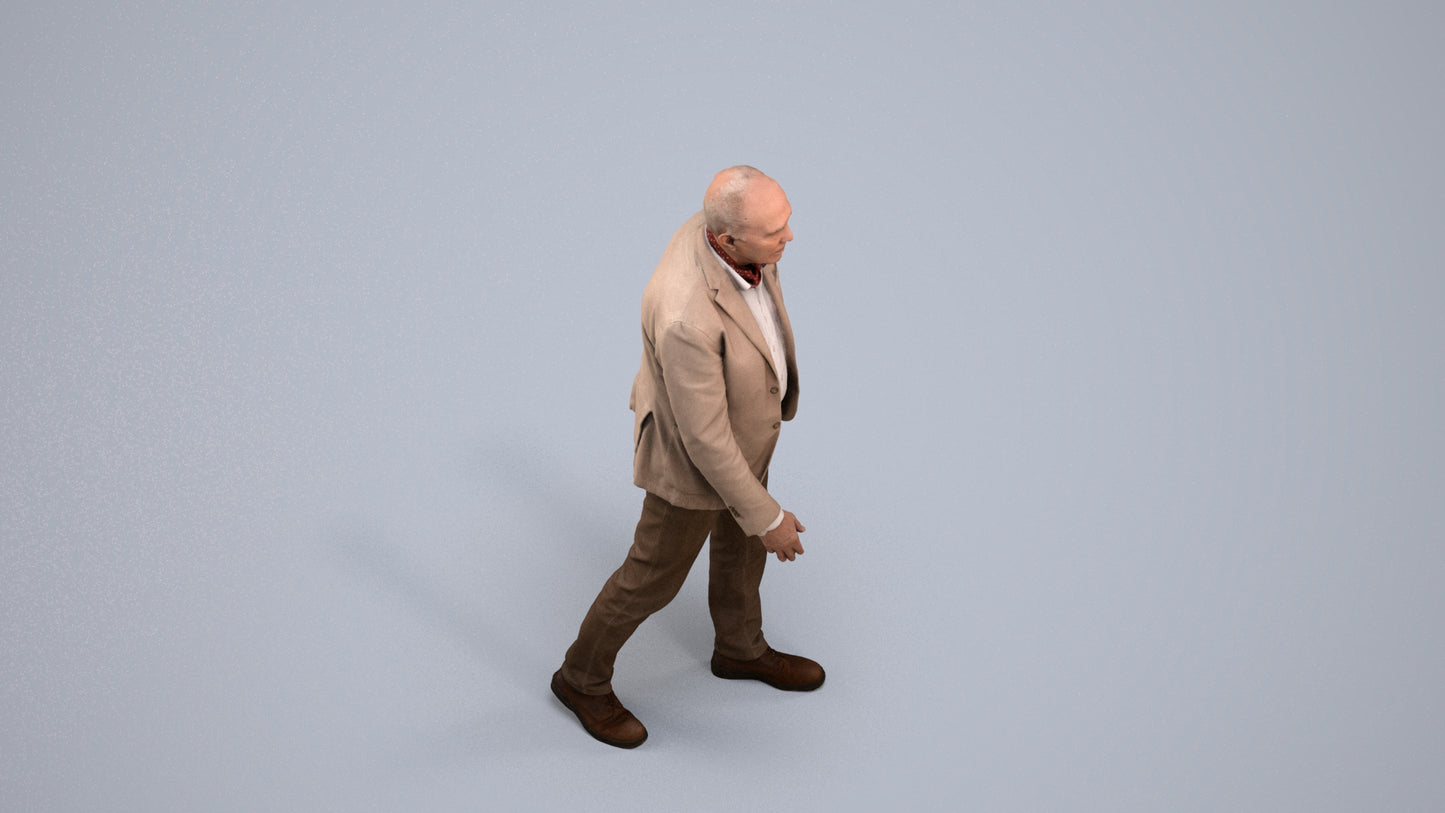 3D scanned senior man walking business, photorealistic archviz people for Enscape and SketchUp, back view render