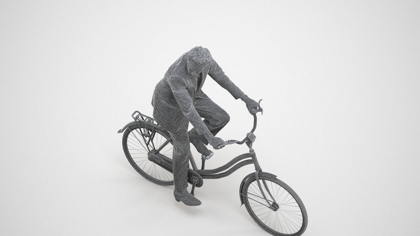 scanned 3D man business cycling, photogrammetry people for Enscape and V-Ray, wireframe three-quarter view