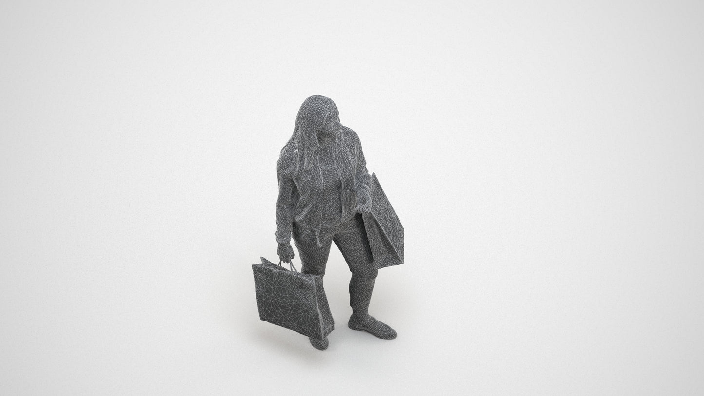 scanned 3D woman casual shopping, photogrammetry people for Enscape and V-Ray, wireframe three-quarter view