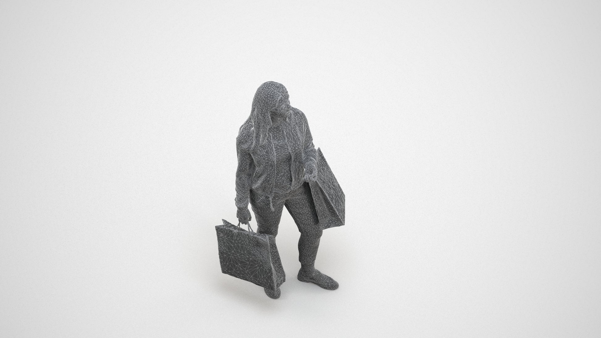 scanned 3D woman casual shopping, photogrammetry people for Enscape and V-Ray, wireframe three-quarter view