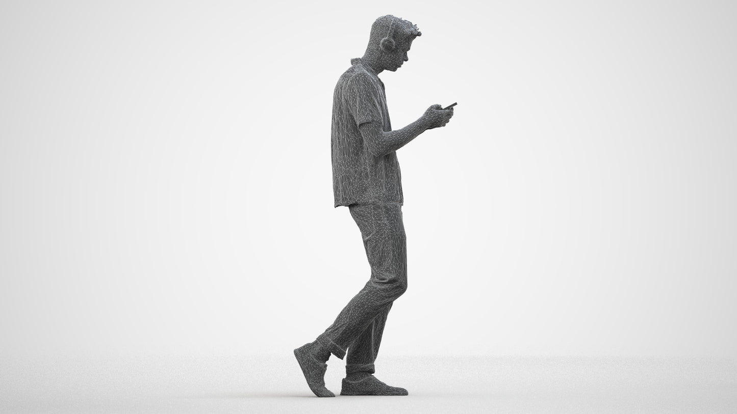 3D scanned man standing casual, photorealistic archviz people for Enscape and SketchUp, wireframe side view
