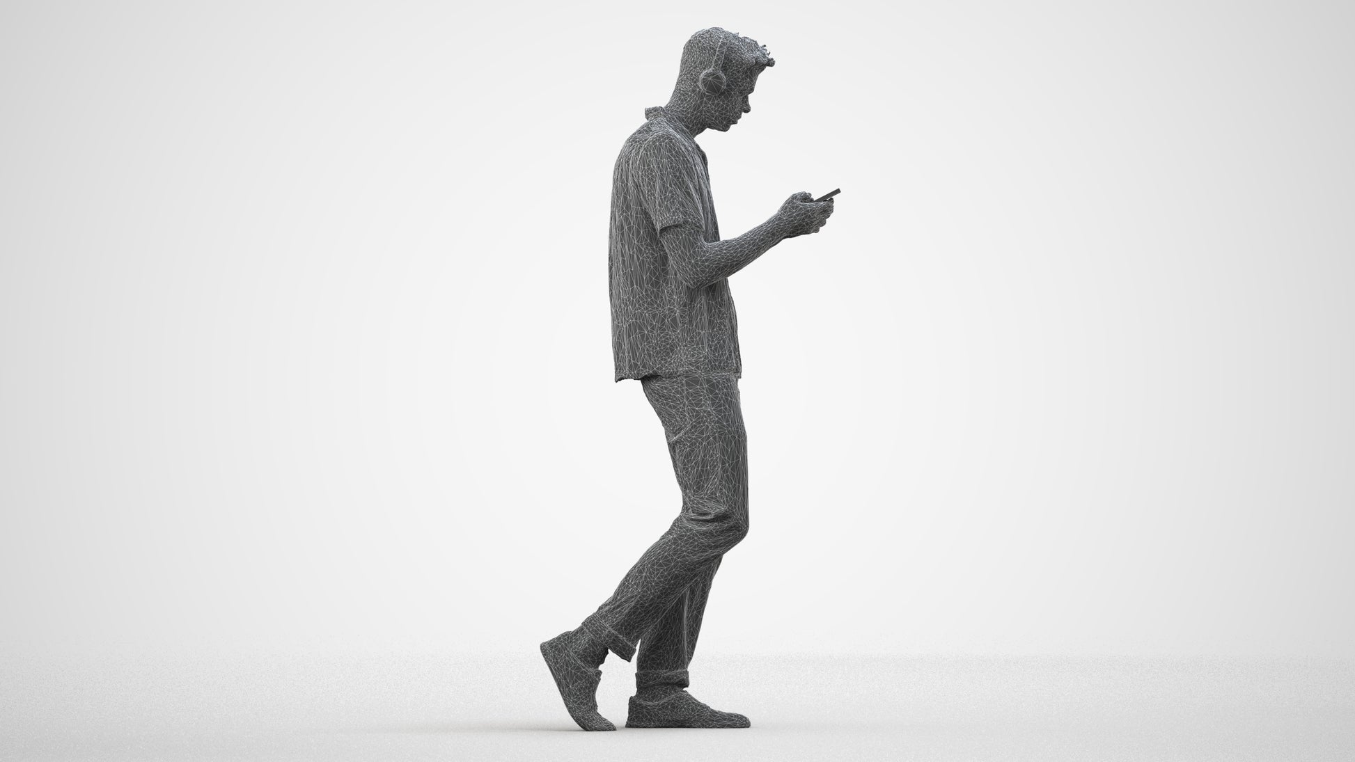 3D scanned man standing casual, photorealistic archviz people for Enscape and SketchUp, wireframe side view