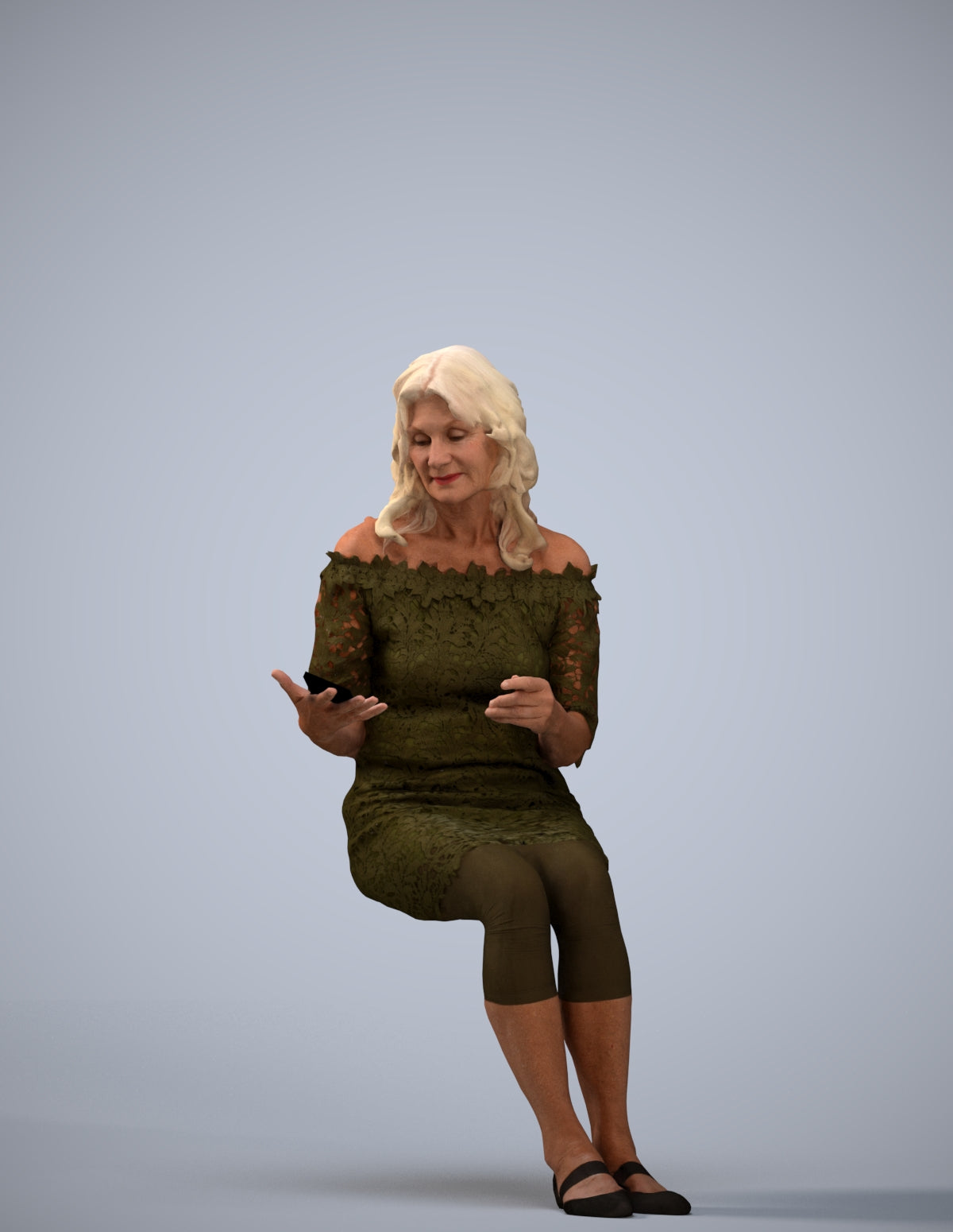 photogrammetry 3D senior woman casual sitting, realistic human model archviz FBX