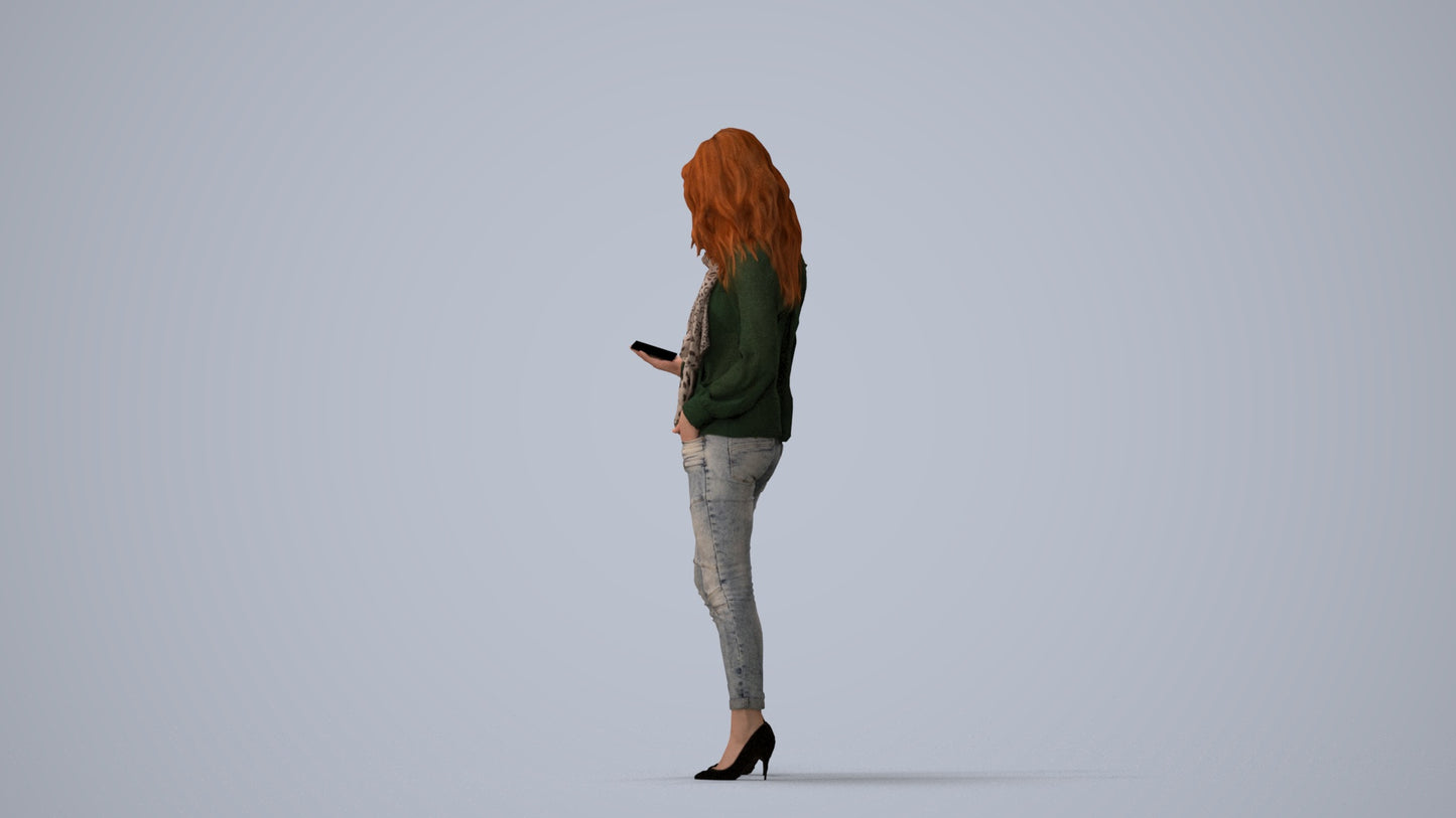 3D scanned woman standing casual, photorealistic archviz people for Enscape and SketchUp, three-quarter view render