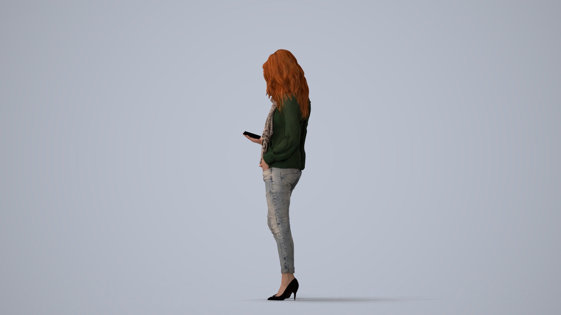 3D scanned woman standing casual, photorealistic archviz people for Enscape and SketchUp, three-quarter view render