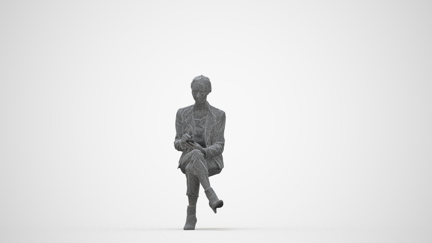 realistic 3D human woman business sitting, archviz people FBX OBJ for Blender, wireframe back view