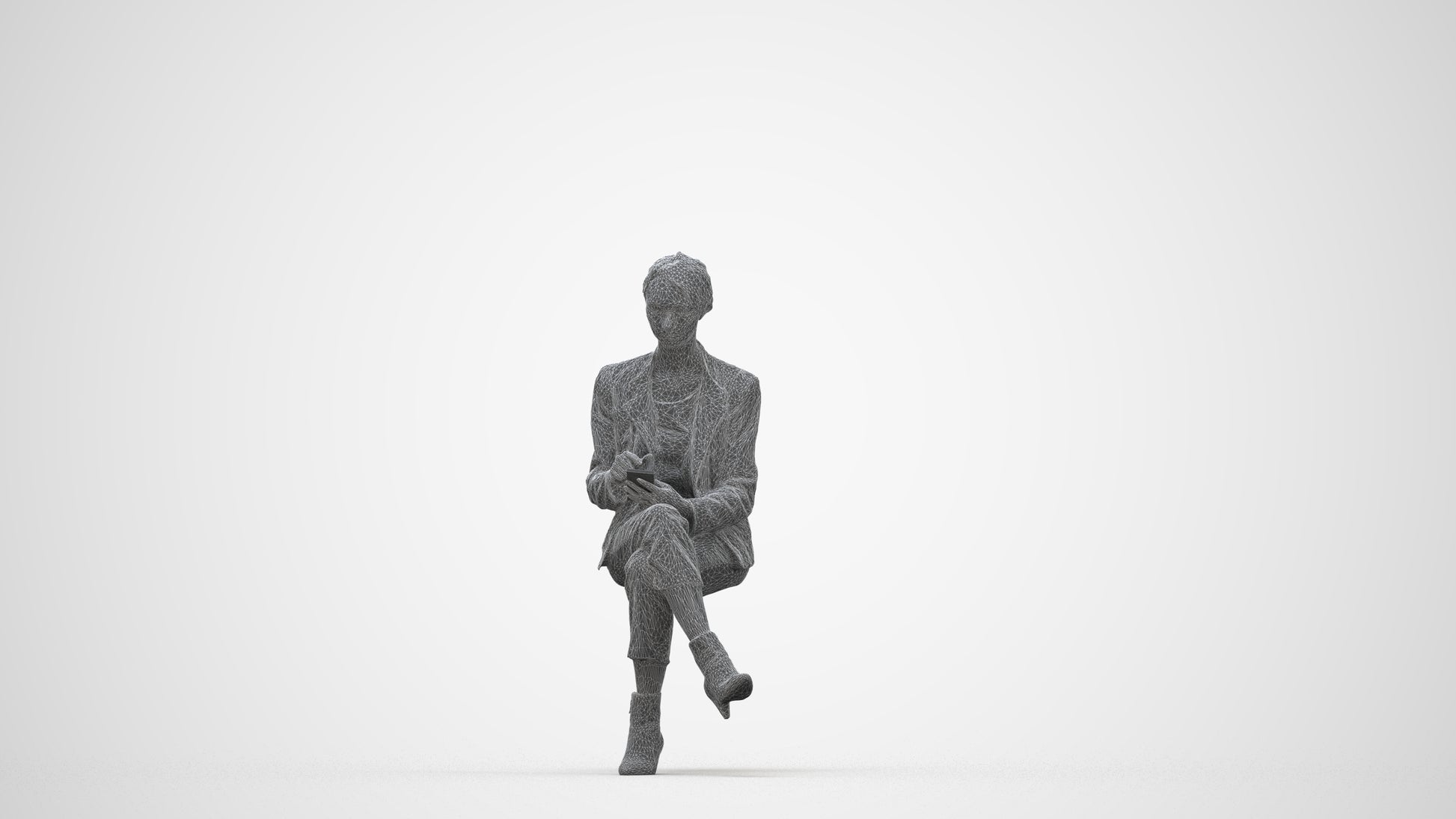 realistic 3D human woman business sitting, archviz people FBX OBJ for Blender, wireframe back view