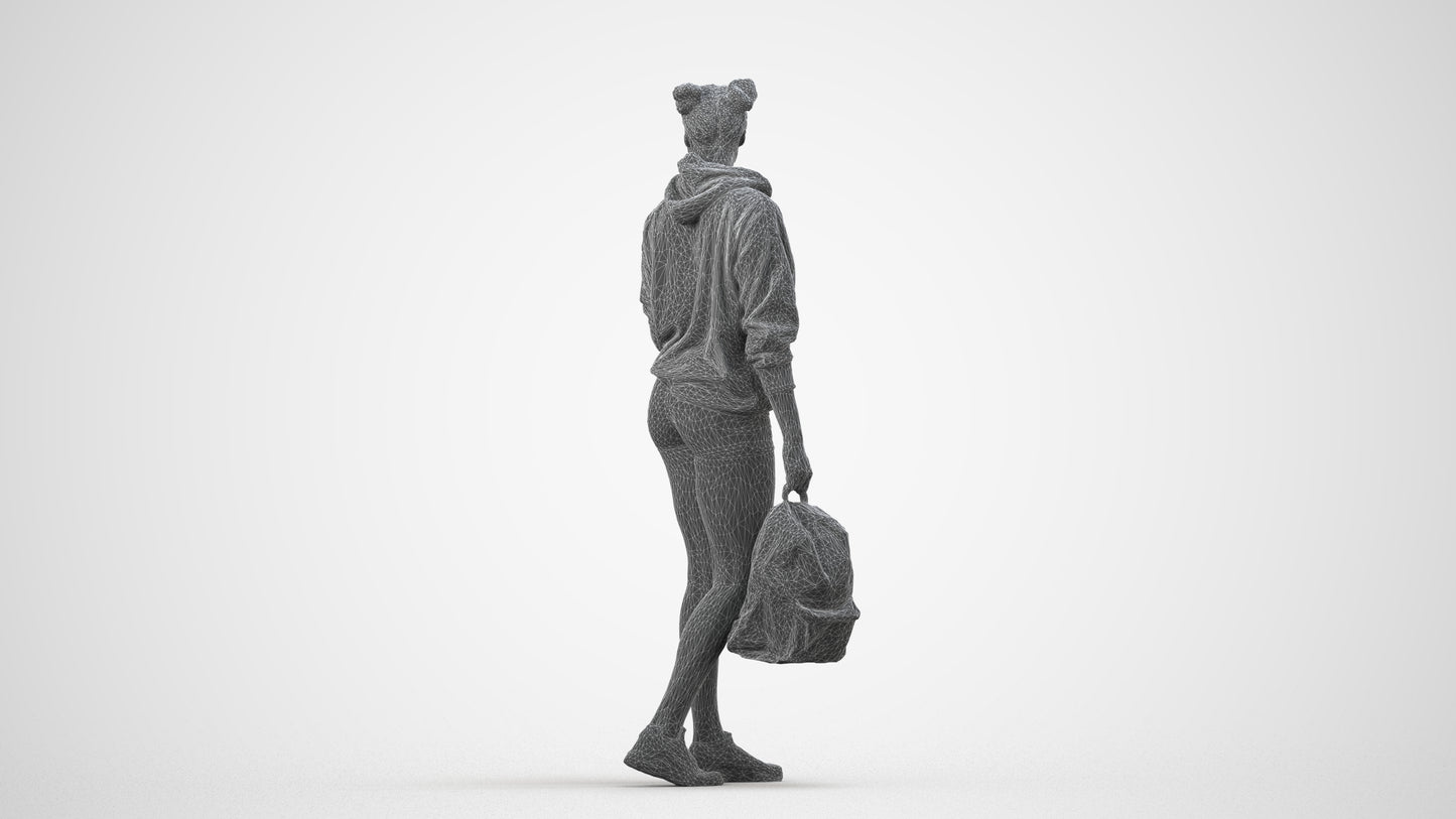 realistic 3D woman casual walking, scanned archviz people for Blender and 3ds Max, wireframe side view
