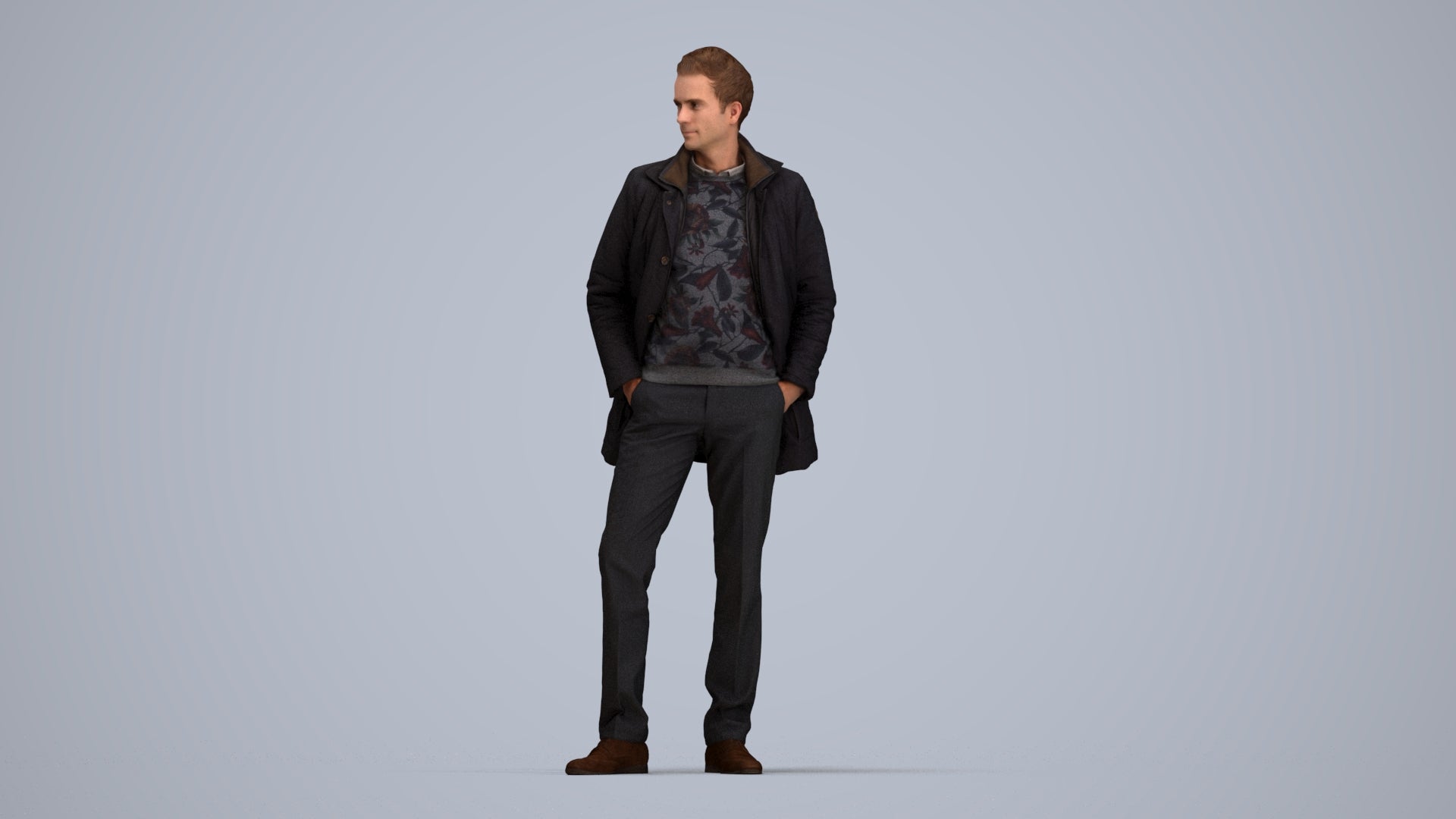 3D scanned man standing casual, photorealistic archviz people for Enscape and SketchUp, top-down view render