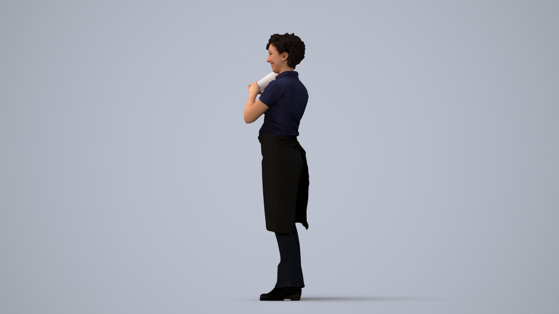 3D people model woman hospitality, scanned human for 3ds Max rendering, three-quarter view render
