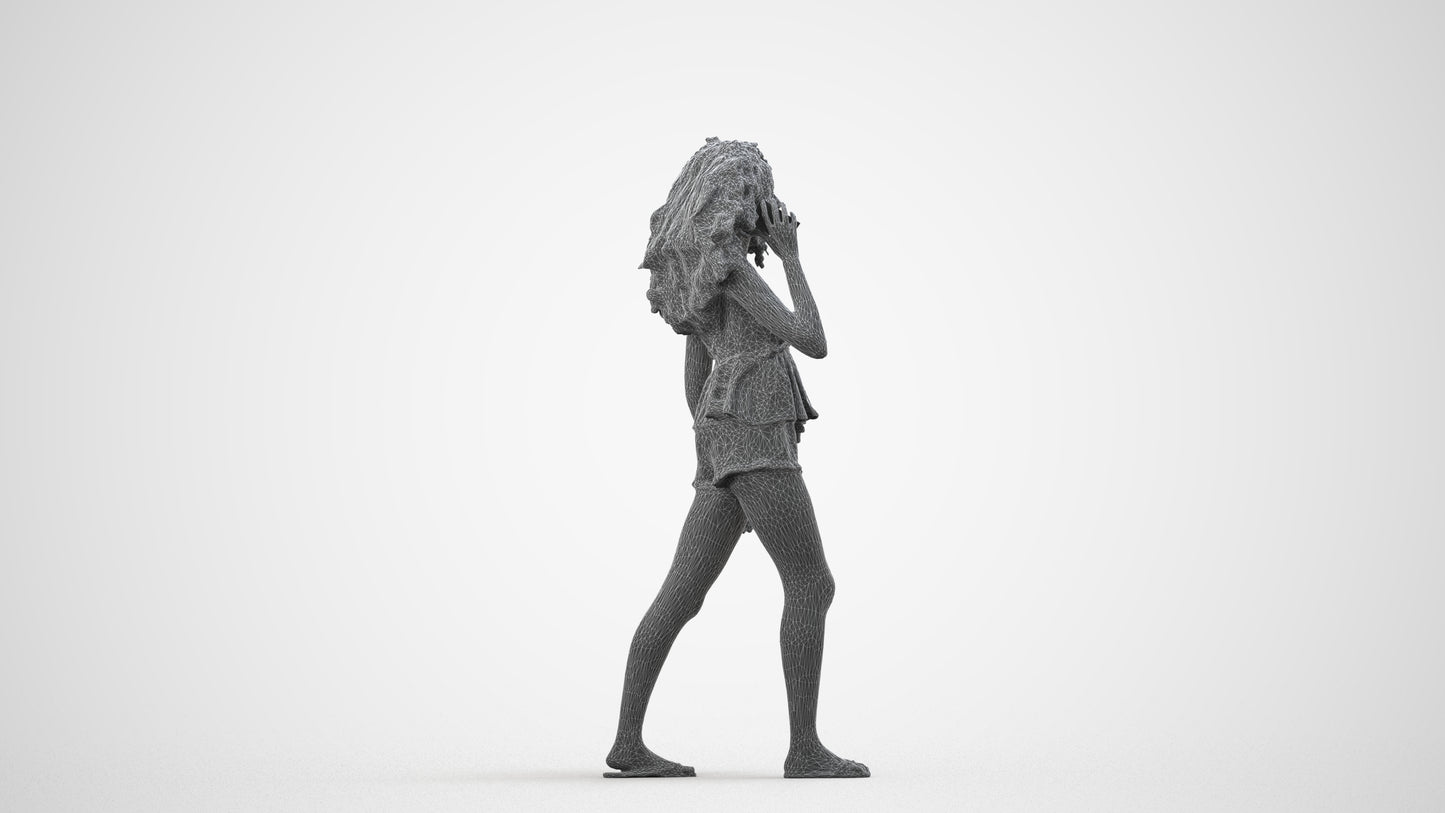 3D scanned woman walking casual, photorealistic archviz people for Enscape and SketchUp, wireframe side view