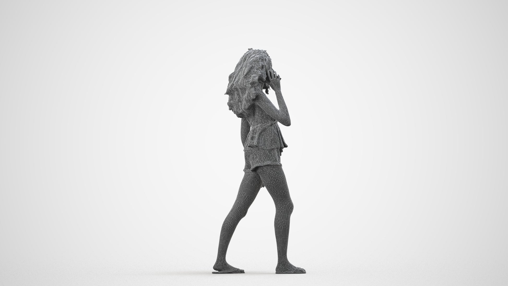 3D scanned woman walking casual, photorealistic archviz people for Enscape and SketchUp, wireframe side view
