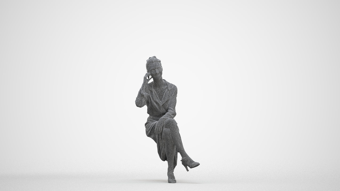 realistic 3D woman casual sitting, scanned archviz people for Blender and 3ds Max, three-quarter front view render