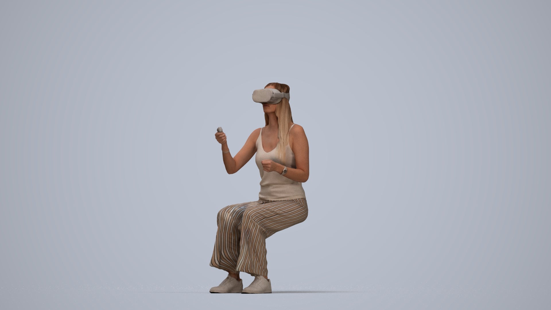 photogrammetry 3D woman casual sitting, realistic human model archviz FBX, top-down view render