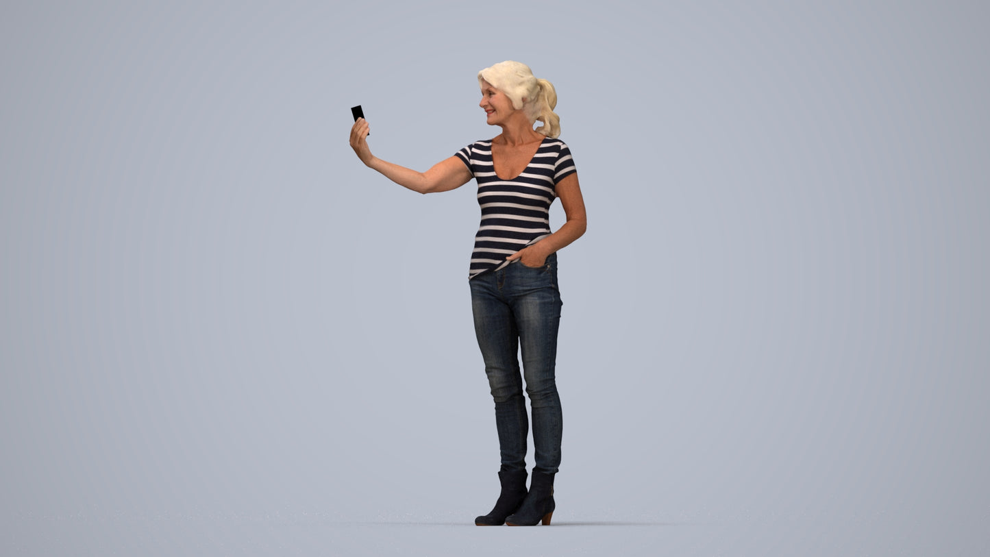 photogrammetry 3D senior woman casual standing, realistic human model archviz FBX, top-down view render