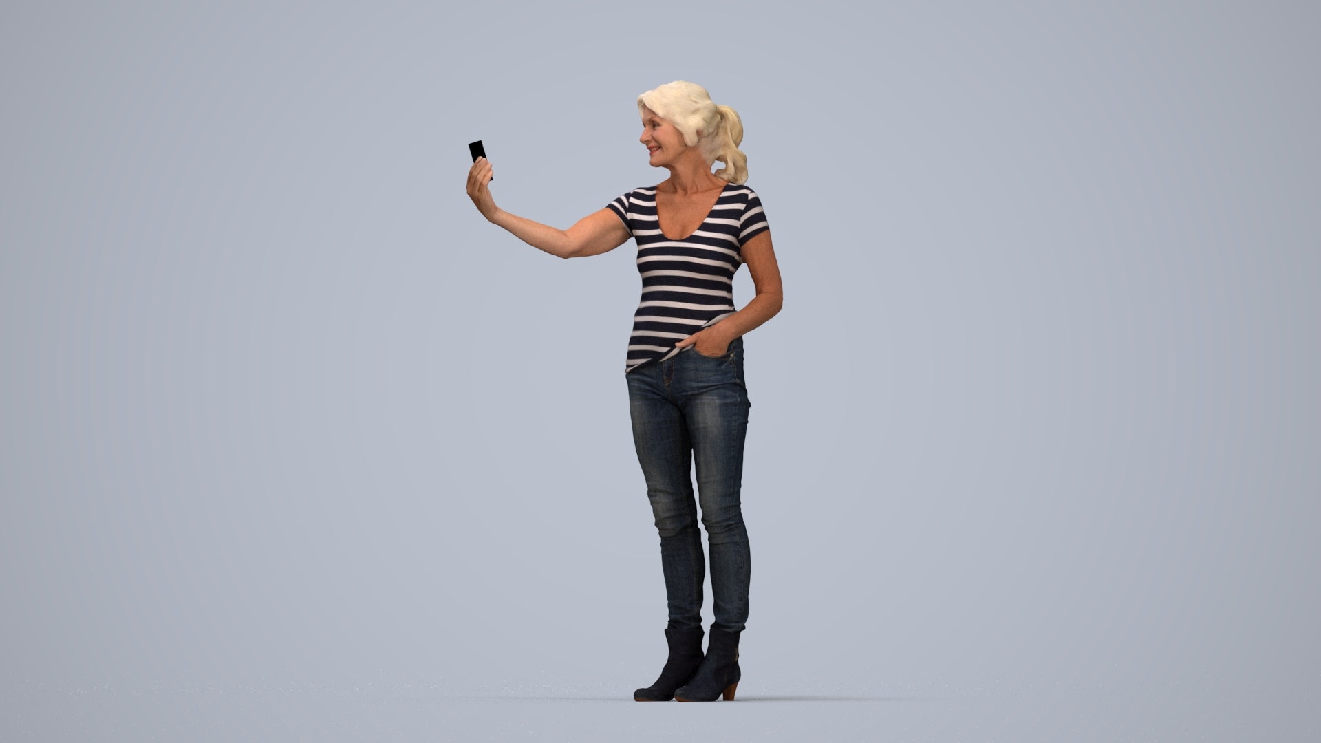 photogrammetry 3D senior woman casual standing, realistic human model archviz FBX, top-down view render