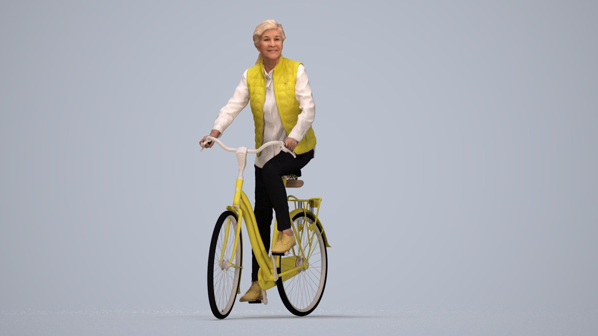 3D human model senior woman casual cycling, photogrammetry scanned person for archviz, top-down view render