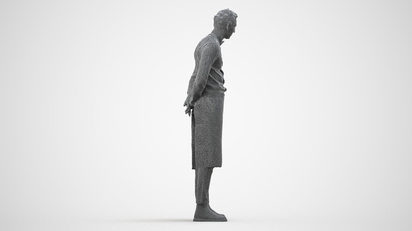 3D human model man hospitality, photogrammetry scanned person for archviz, wireframe side view
