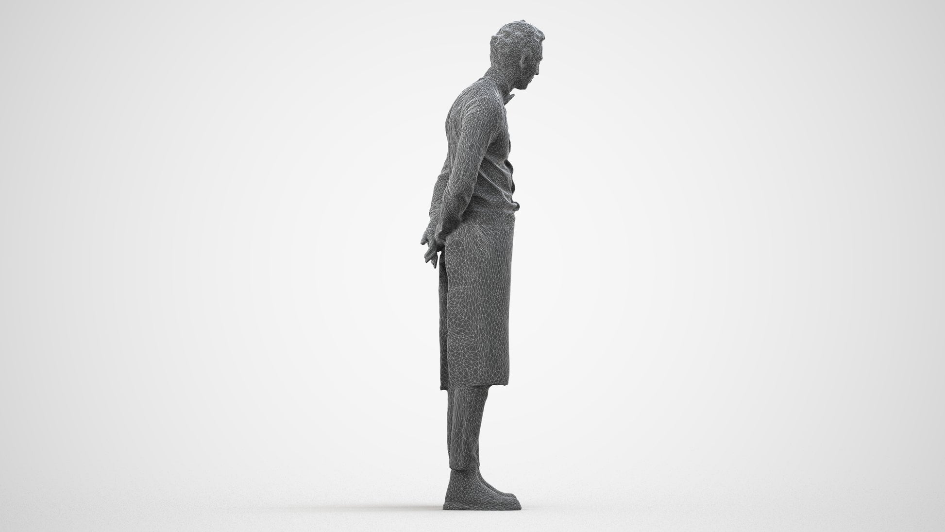 3D human model man hospitality, photogrammetry scanned person for archviz, wireframe side view