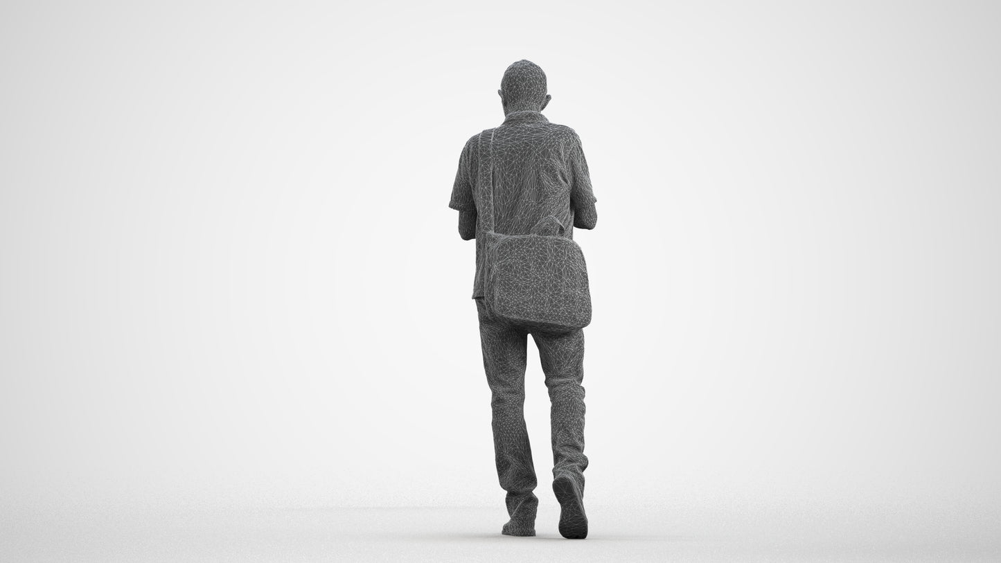 realistic 3D human senior man casual walking, archviz people FBX OBJ for Blender, wireframe front view