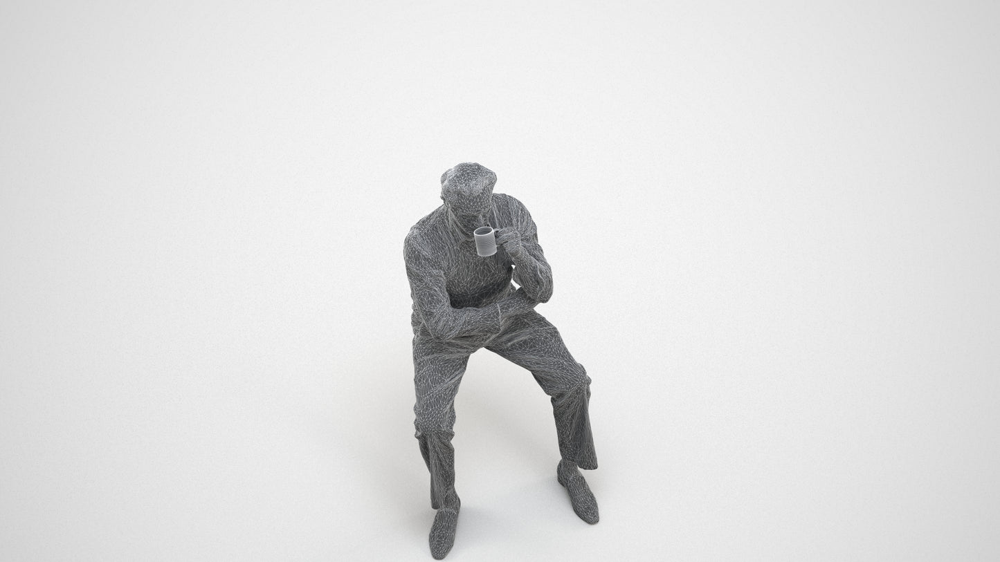 realistic 3D man business sitting, scanned archviz people for Blender and 3ds Max, wireframe three-quarter view