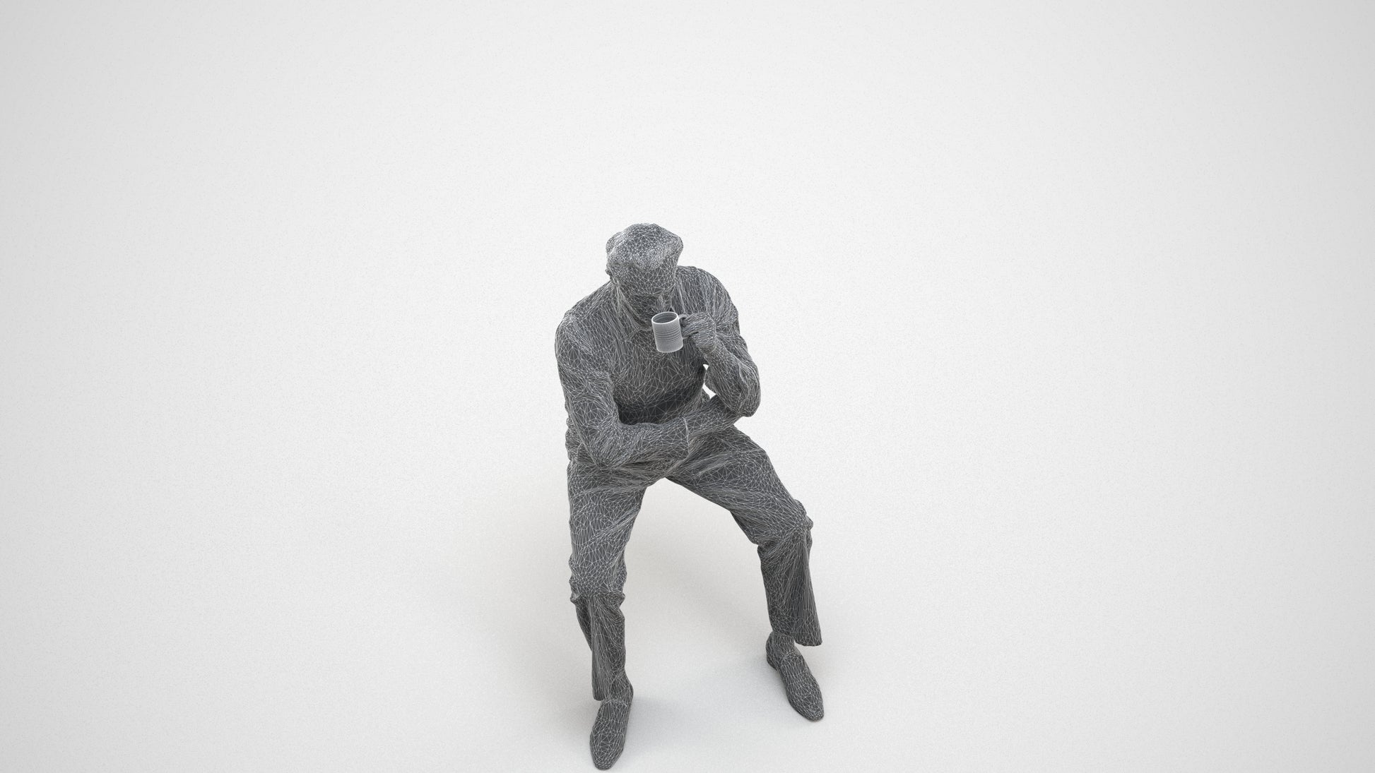 realistic 3D man business sitting, scanned archviz people for Blender and 3ds Max, wireframe three-quarter view