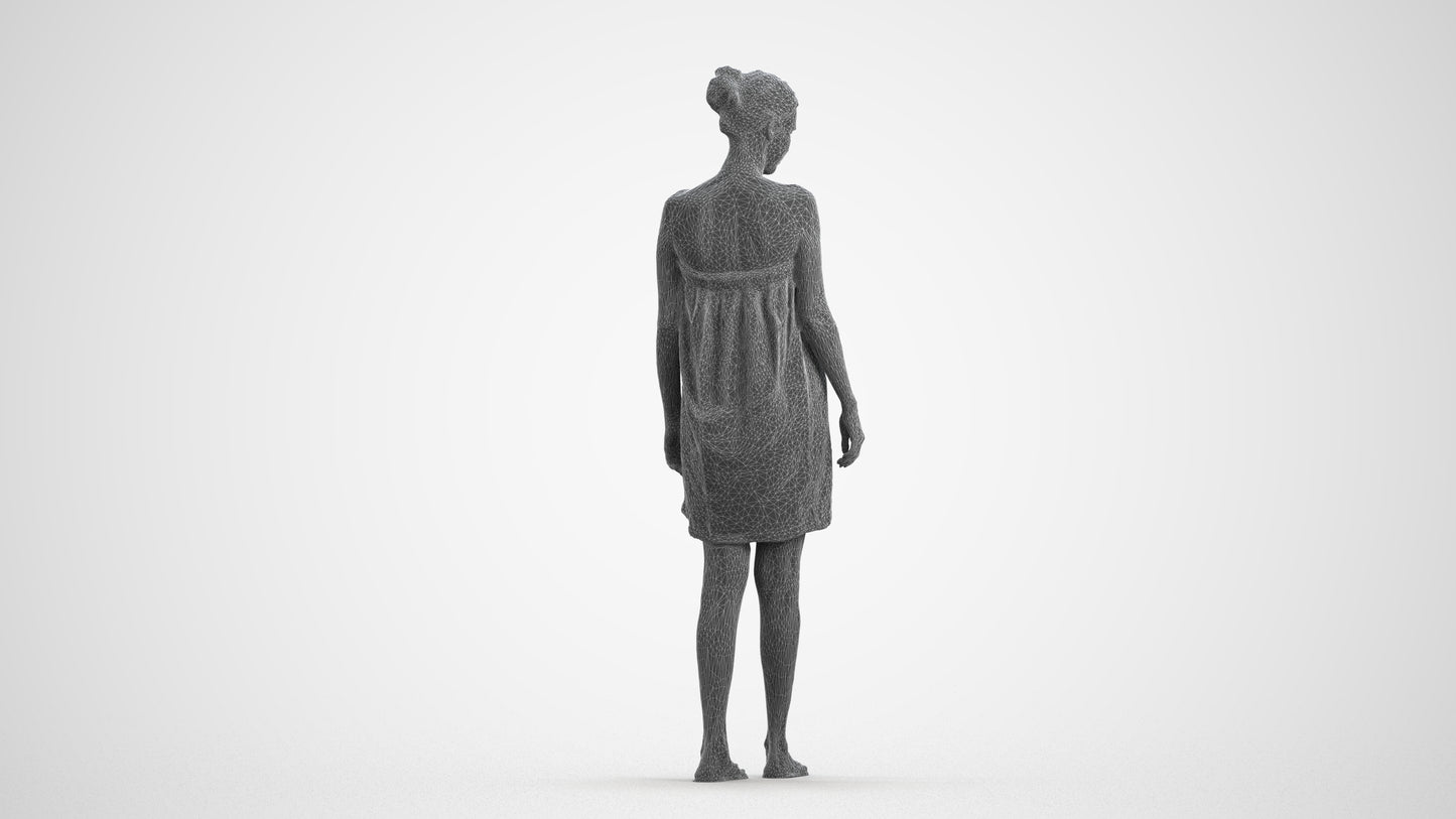 scanned 3D woman casual bathroom, photogrammetry people for Enscape and V-Ray, wireframe front view