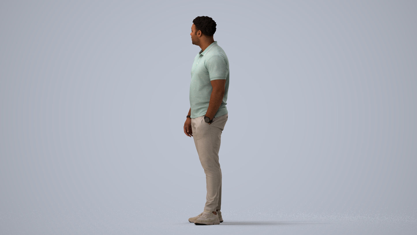 3D human model man casual standing, photogrammetry scanned person for archviz, three-quarter view render