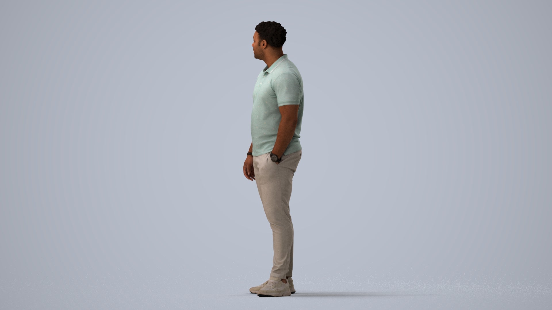 3D human model man casual standing, photogrammetry scanned person for archviz, three-quarter view render