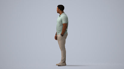 3D human model man casual standing, photogrammetry scanned person for archviz, three-quarter view render