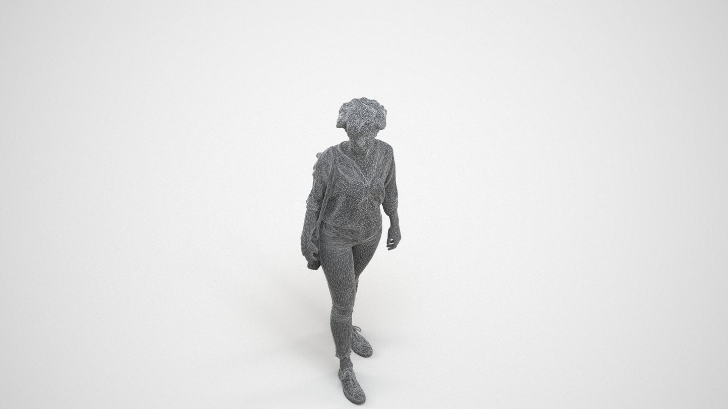 scanned 3D woman casual walking, photogrammetry people for Enscape and V-Ray, wireframe three-quarter view