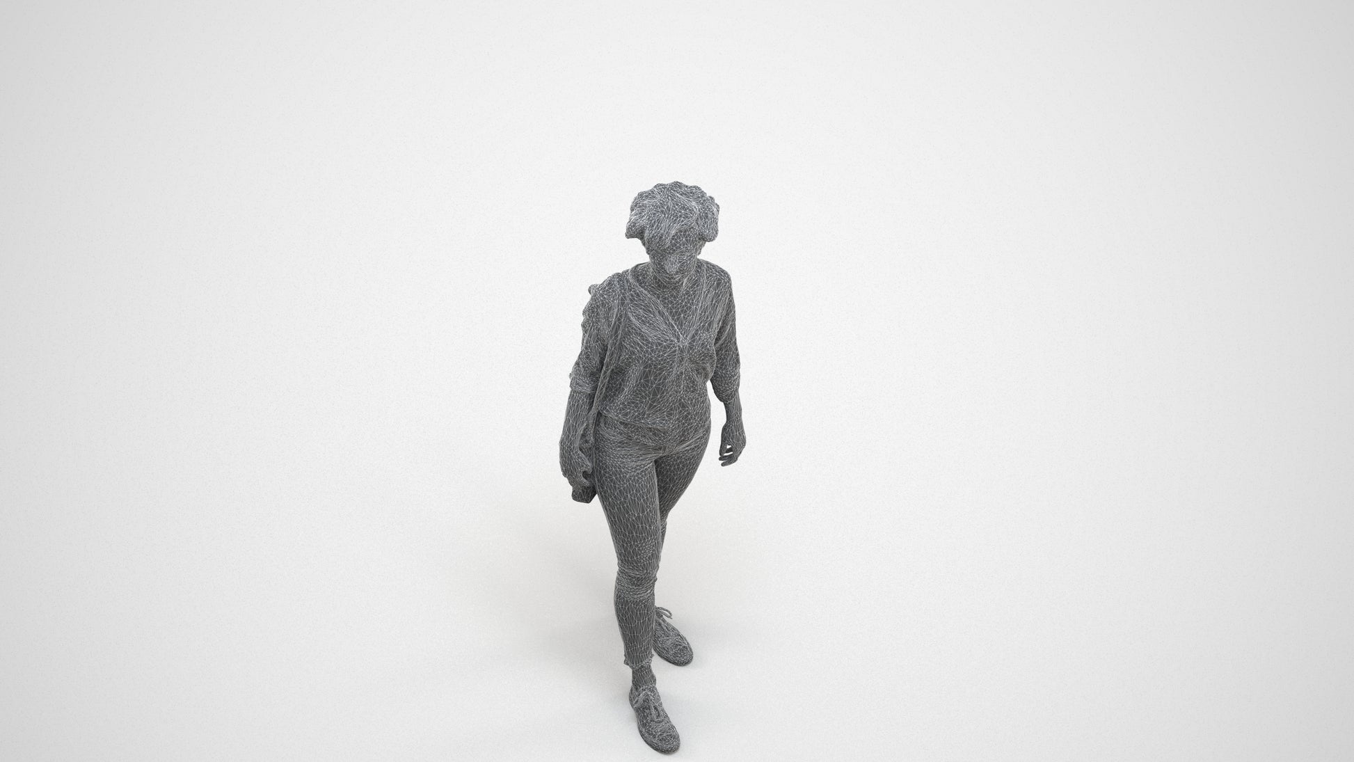 scanned 3D woman casual walking, photogrammetry people for Enscape and V-Ray, wireframe three-quarter view