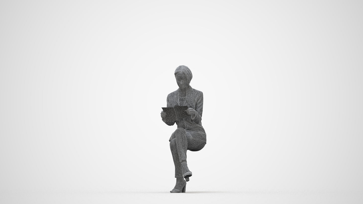 3D people model woman casual sitting, scanned human for 3ds Max rendering, wireframe back view