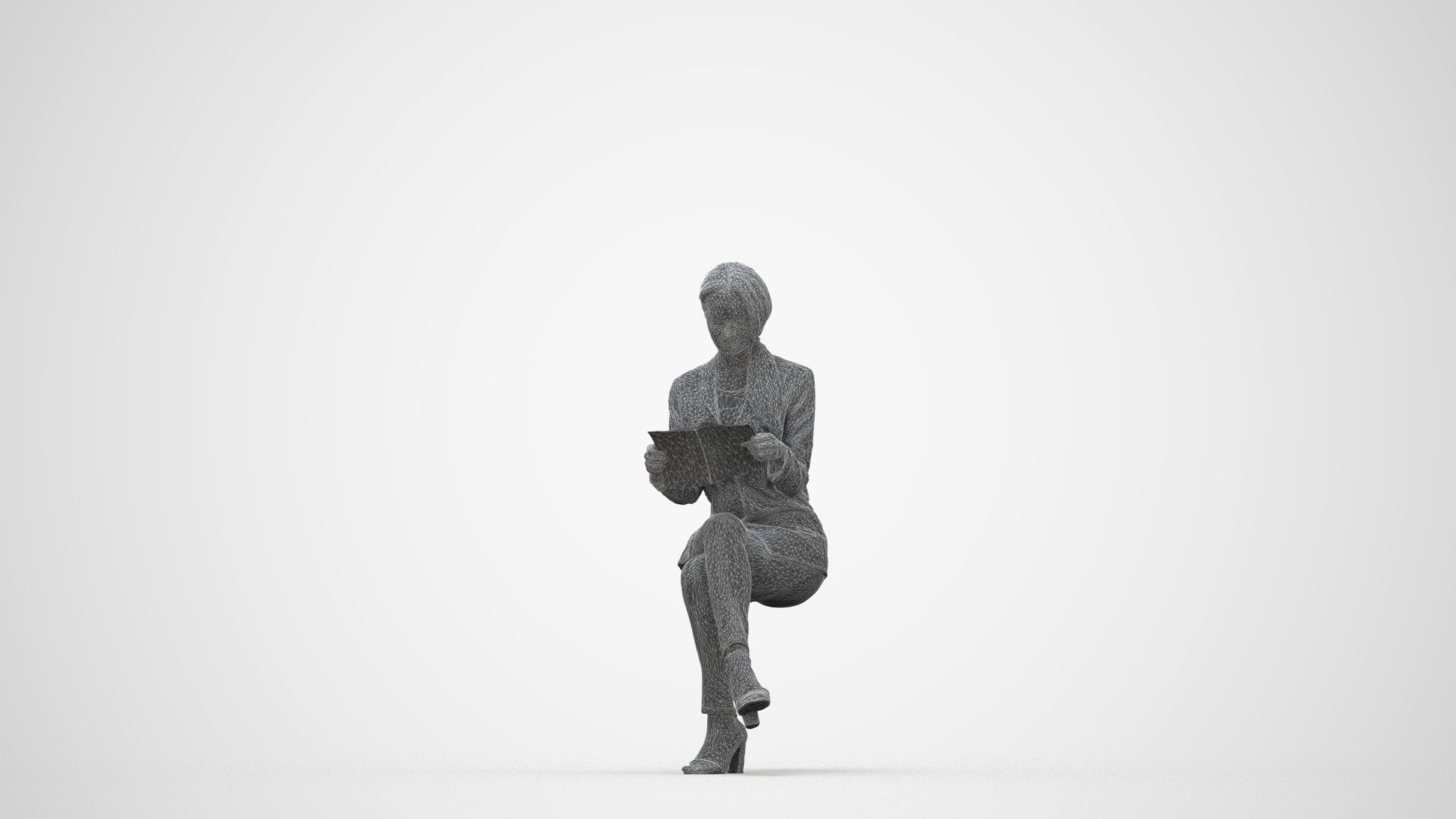 3D people model woman casual sitting, scanned human for 3ds Max rendering, wireframe back view