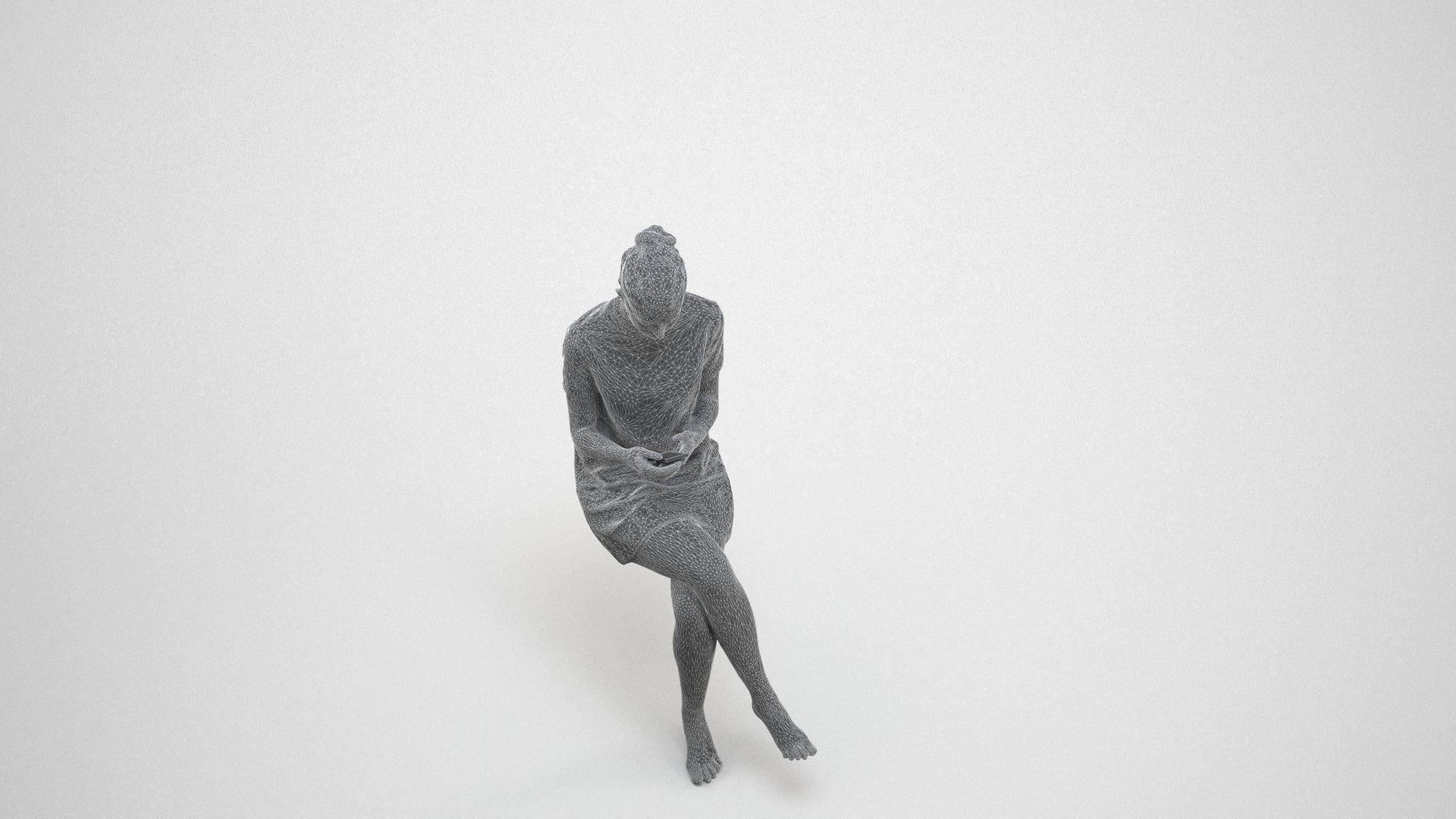 3D scanned woman sitting casual, photorealistic archviz people for Enscape and SketchUp, wireframe three-quarter view