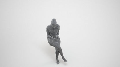 3D scanned woman sitting casual, photorealistic archviz people for Enscape and SketchUp, wireframe three-quarter view