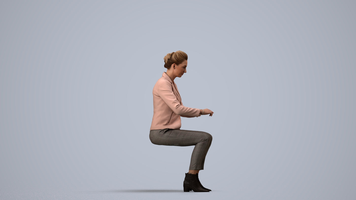 3D human model woman business, photogrammetry scanned person for archviz, side view render