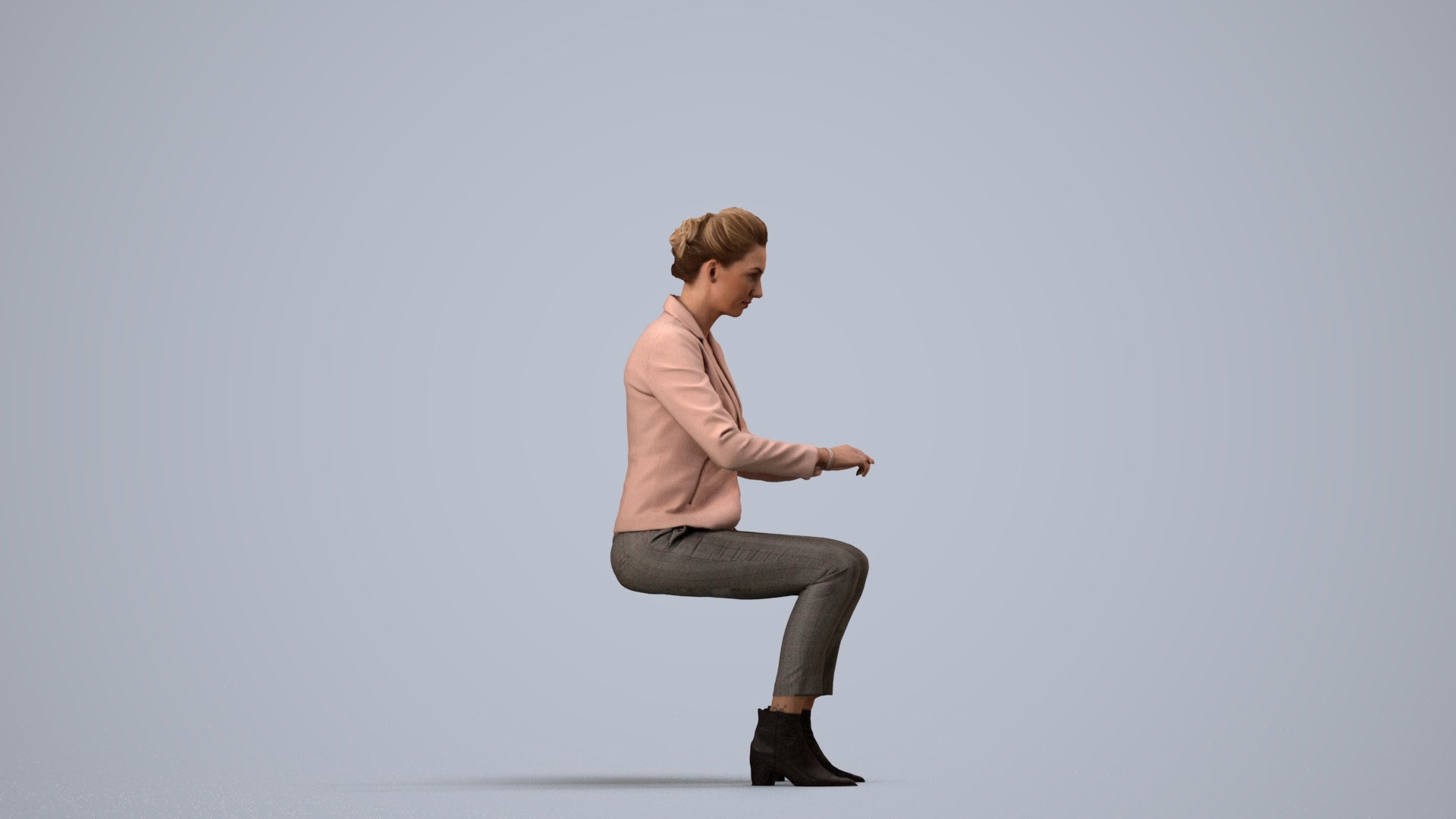 3D human model woman business, photogrammetry scanned person for archviz, side view render