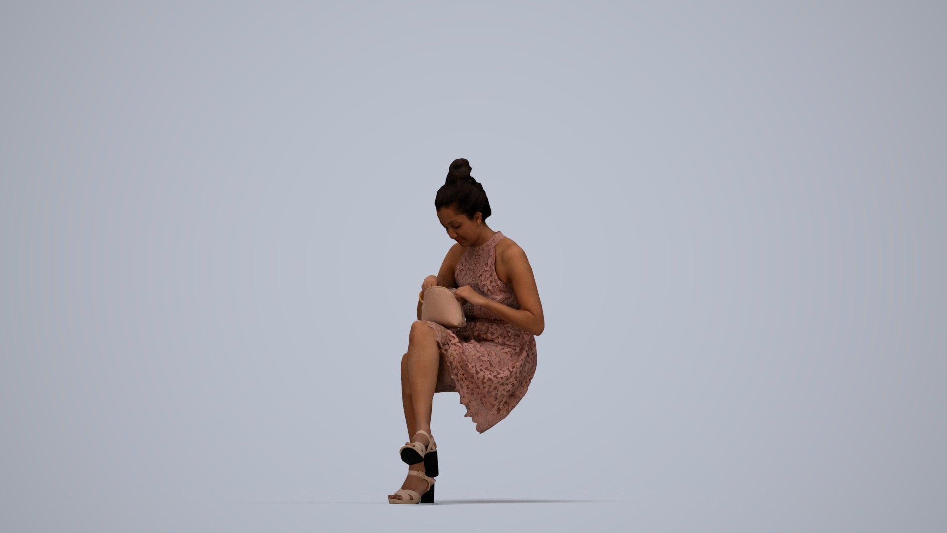 realistic 3D woman formal sitting, scanned archviz people for Blender and 3ds Max, top-down view render