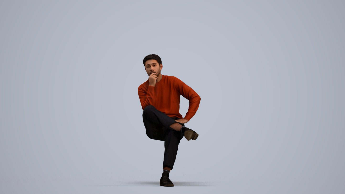 3D human model man casual sitting, photogrammetry scanned person for archviz, standing pose render