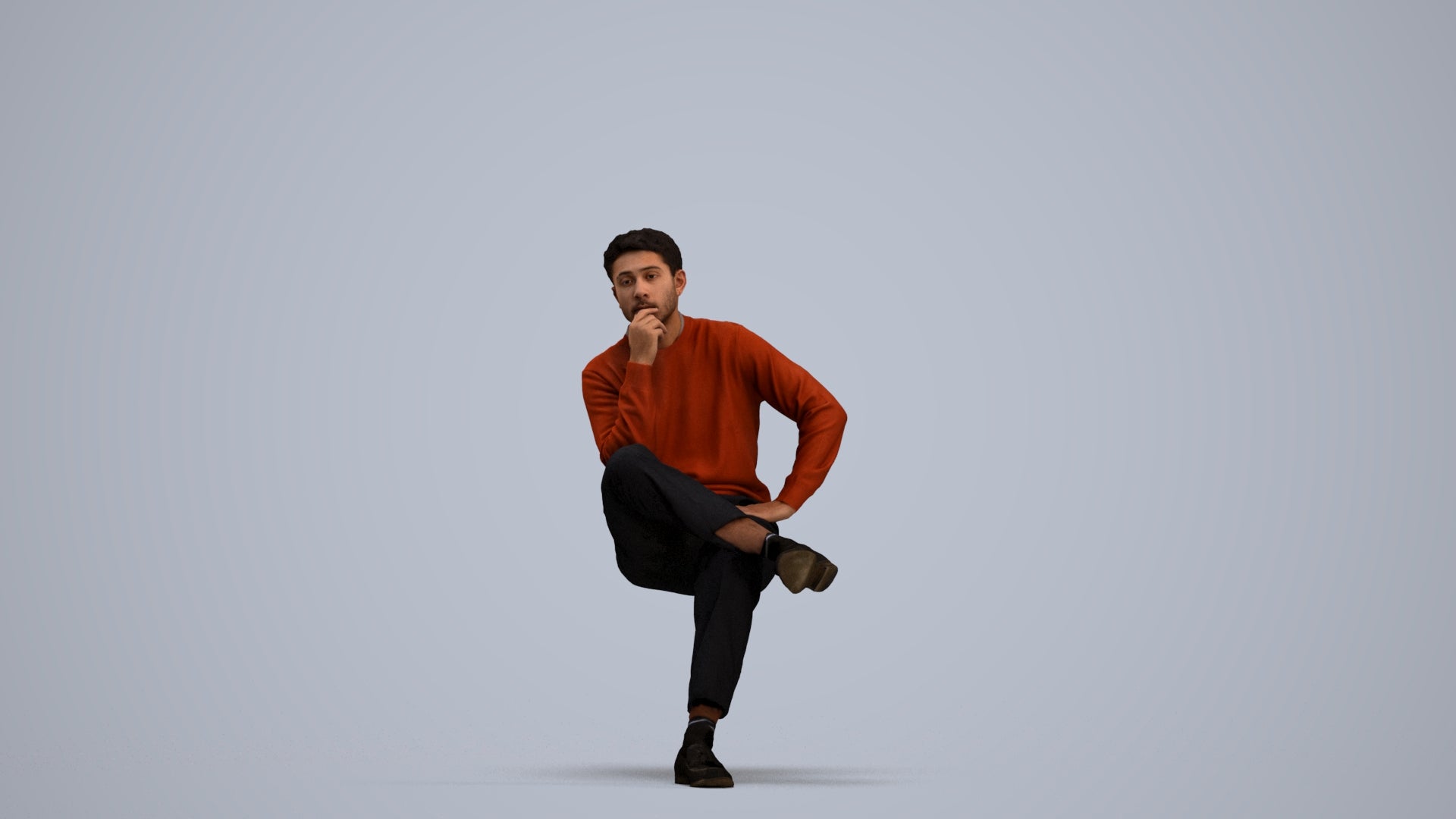 3D human model man casual sitting, photogrammetry scanned person for archviz, standing pose render