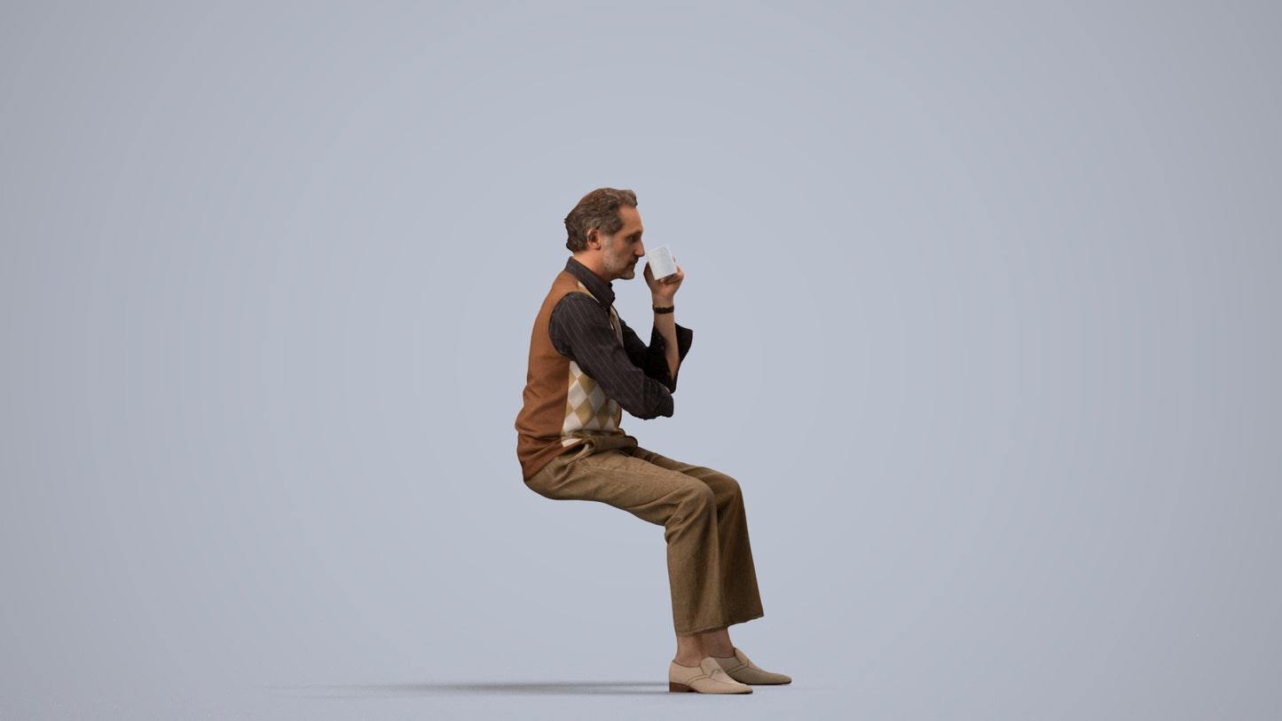 realistic 3D man business sitting, scanned archviz people for Blender and 3ds Max, side view render