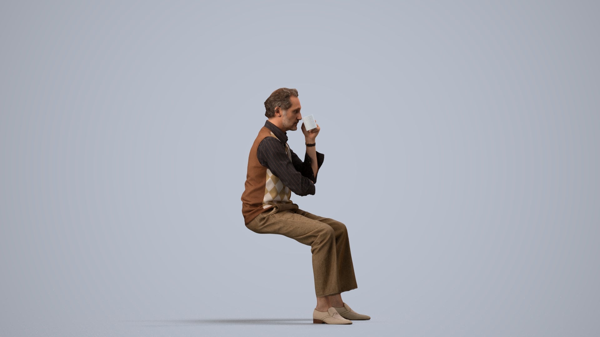 realistic 3D man business sitting, scanned archviz people for Blender and 3ds Max, side view render