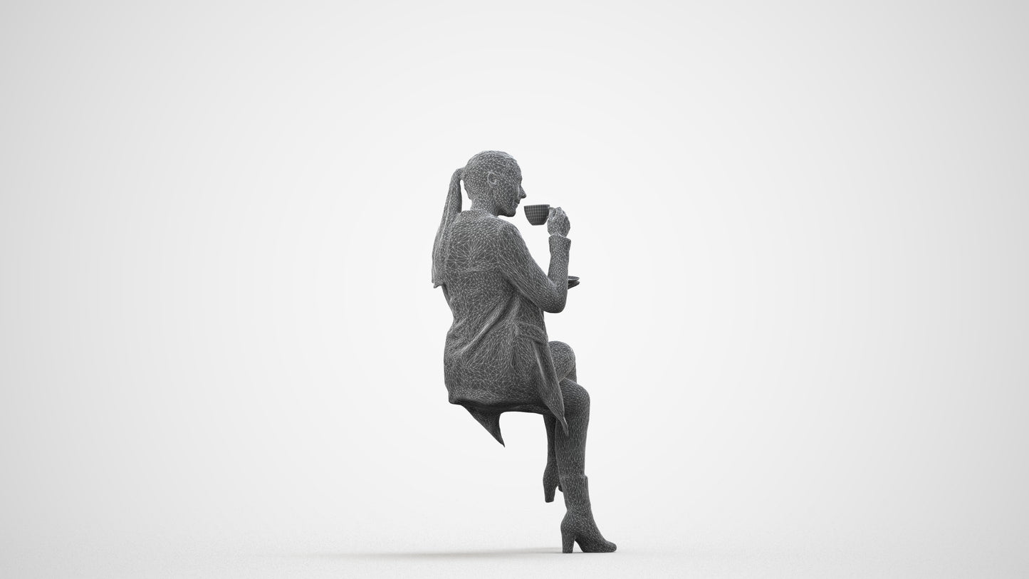 realistic 3D woman business sitting, scanned archviz people for Blender and 3ds Max, wireframe side view