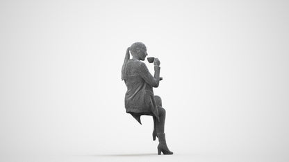 realistic 3D woman business sitting, scanned archviz people for Blender and 3ds Max, wireframe side view