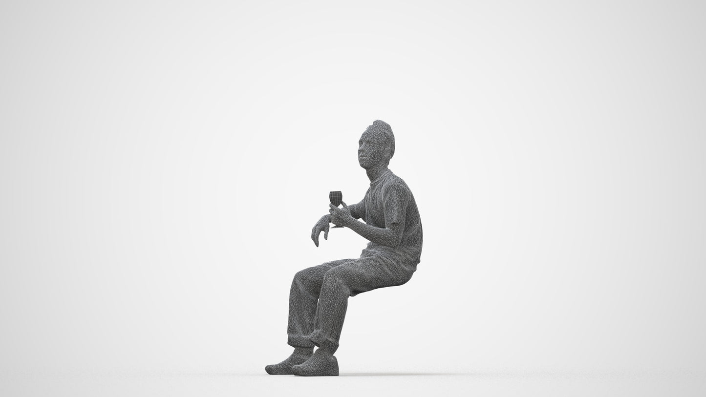 3D human model man casual sitting, photogrammetry scanned person for archviz, wireframe back view