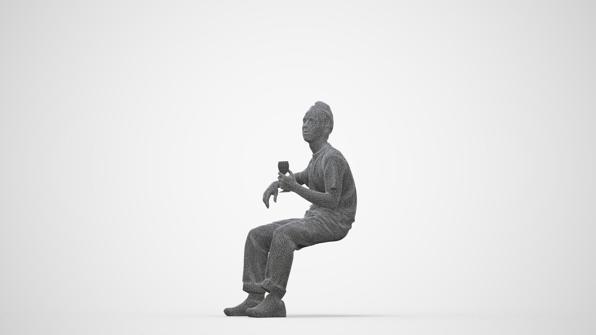 3D human model man casual sitting, photogrammetry scanned person for archviz, wireframe back view
